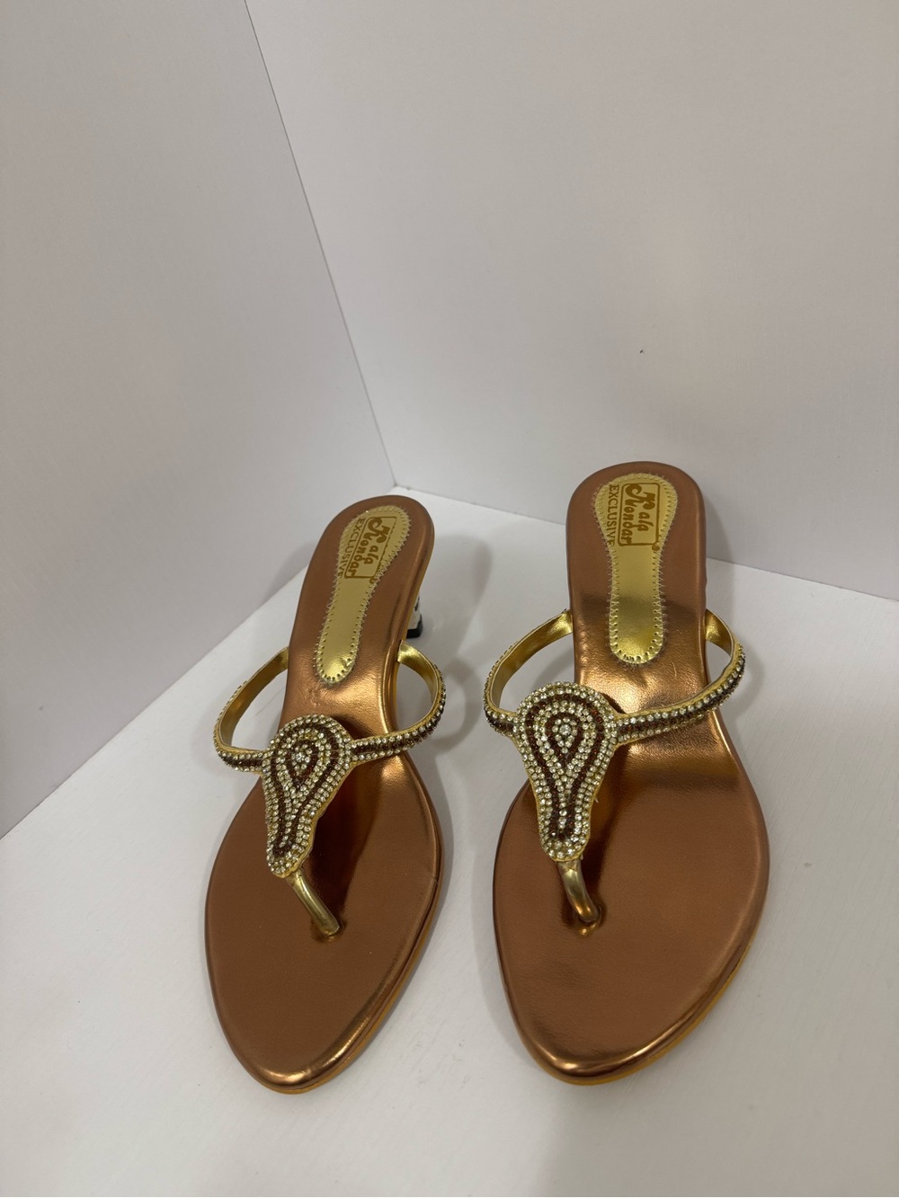 Women's Rhinestone Kitten Heel Sandals Bronze Gold Wedding Eid Diwali